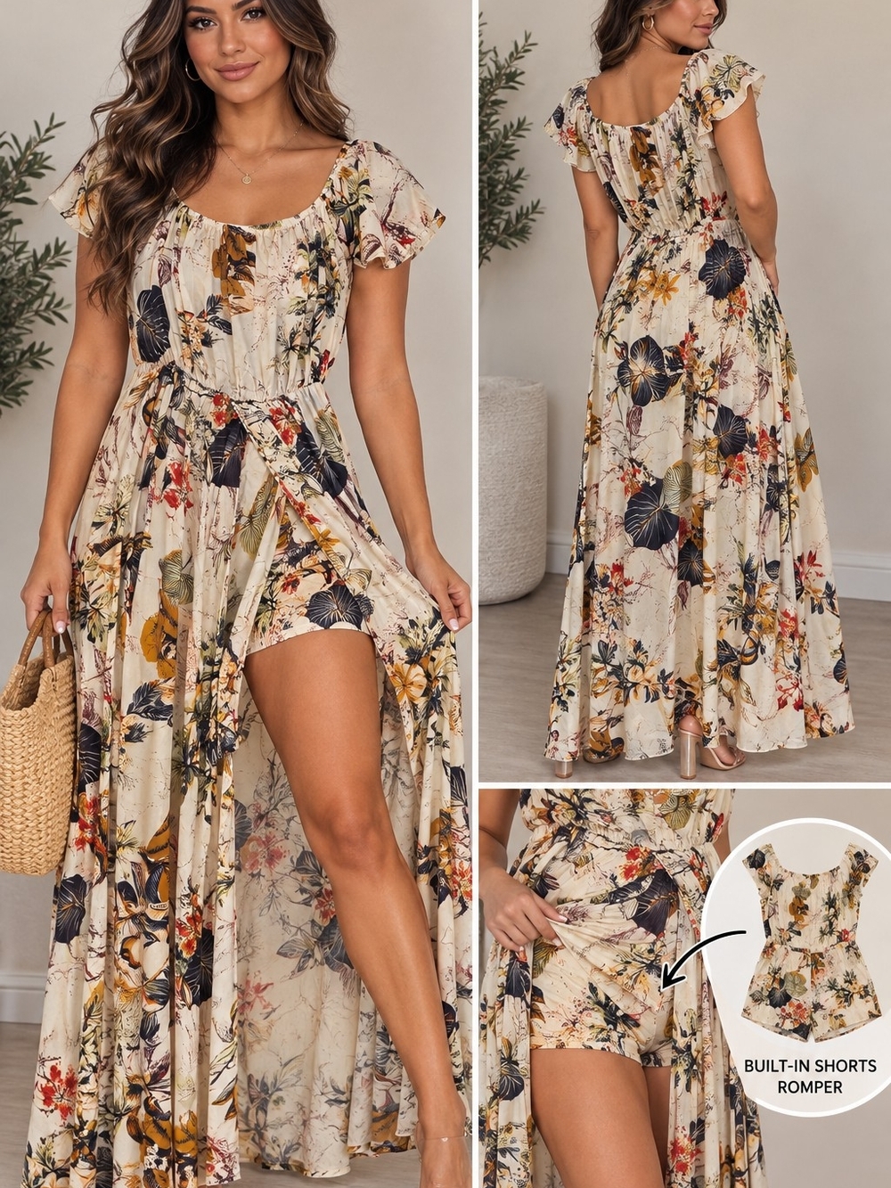 Floral Cream Maxi Dress with Built-In Shorts